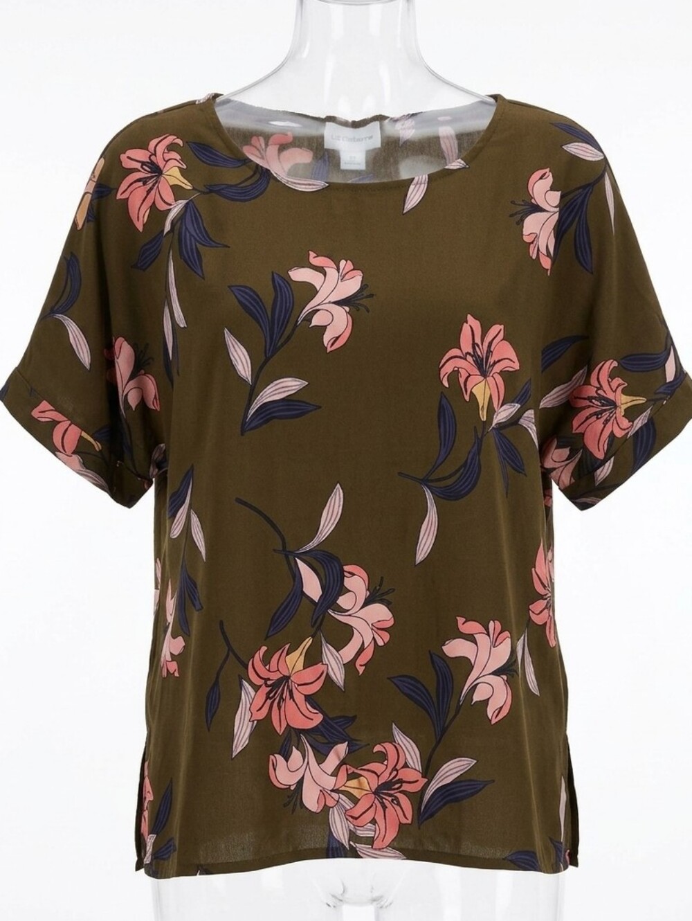 Liz Claiborne Olive Floral Short Sleeve Blouse with Pink Blooms